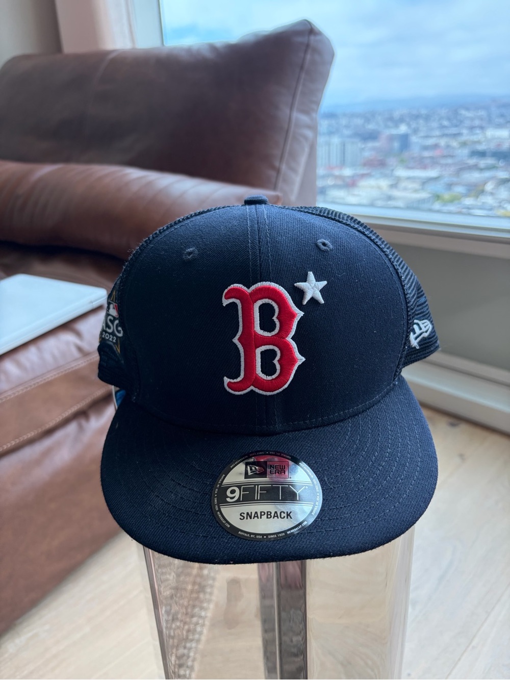 New Era Black and Red Boston 'B' Mesh Snapback